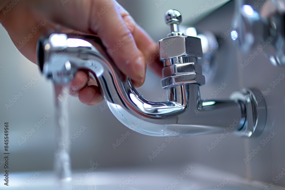 Plumber Fixing Pipe Under Sink in Modern Bathroom - Plumbing Repair and Maintenance Service Plumber Fixing Pipe Under Sink in Modern Bathroom - Plumbing Repair and Maintenance Service