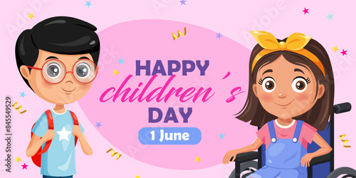Happy Childrens Day celebration poster with funny cartoon kids charcters with different special needs.
