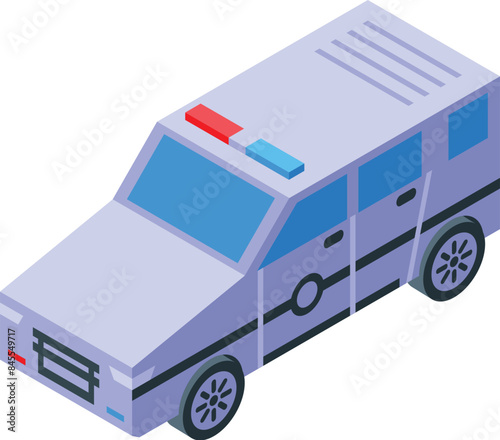 Isometric police car standing on white background with red and blue flashing lights