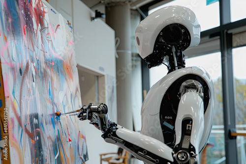 Humanoid robot artist creating a painting on a canvas in an art studio, showcasing the integration of AI and creativity photo