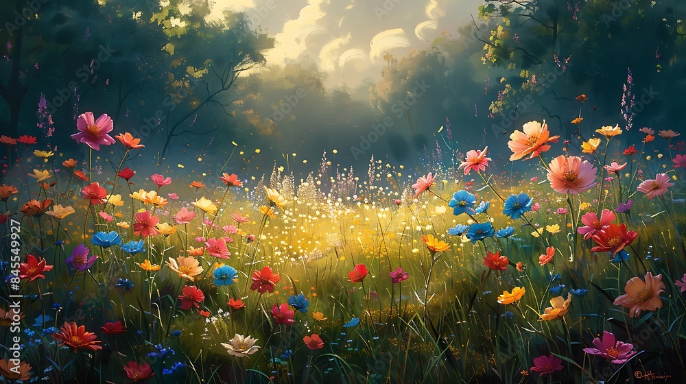 **Flower-filled meadow in spring on a solid background