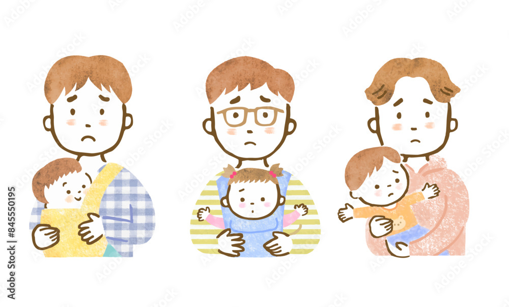 Fototapeta premium 困った顔で子供を抱っこしている父親の上半身イラストセット