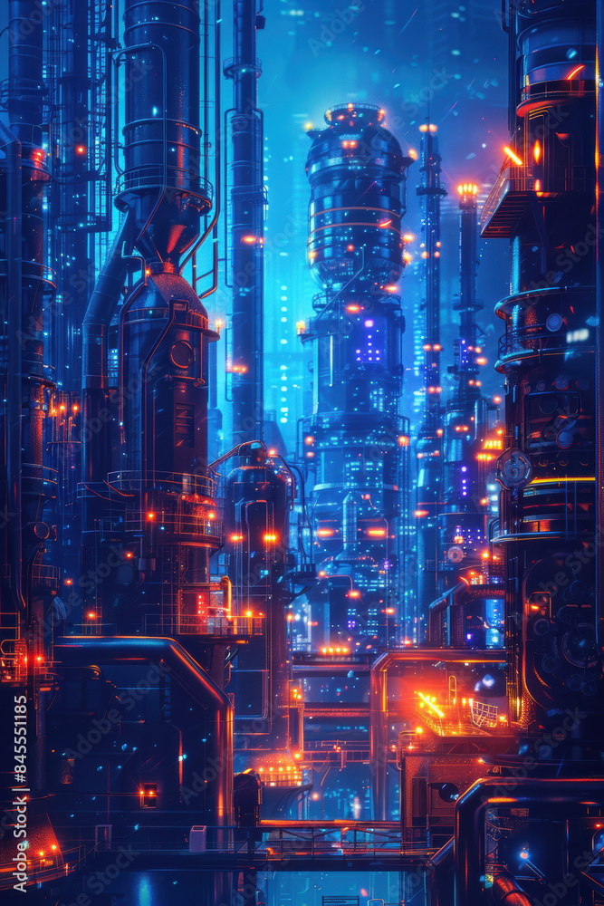 Futuristic industrial cityscape with vibrant lights and towering structures illuminated in blue and orange hues at night. Futuristic industrial cityscape with vibrant lights and towering structures illuminated in blue and orange hues at night.