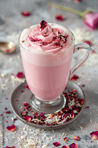 Trendy and romantic pink latte made with hibiscus tea, garnished with dried rose petals, perfect for a fashionable food or beverage advertisement photo