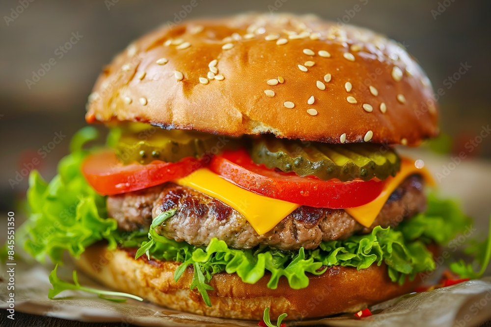 Close-Up Delicious Classic American Burger With Cheddar Cheese, Lettuce, Tomato, And Pickles In Food Restaurant Interior, Burger Food Photography, Food Menu Style Photo Image Close-Up Delicious Classic American Burger With Cheddar Cheese, Lettuce, Tomato, And Pickles In Food Restaurant Interior, Burger Food Photography, Food Menu Style Photo Image
