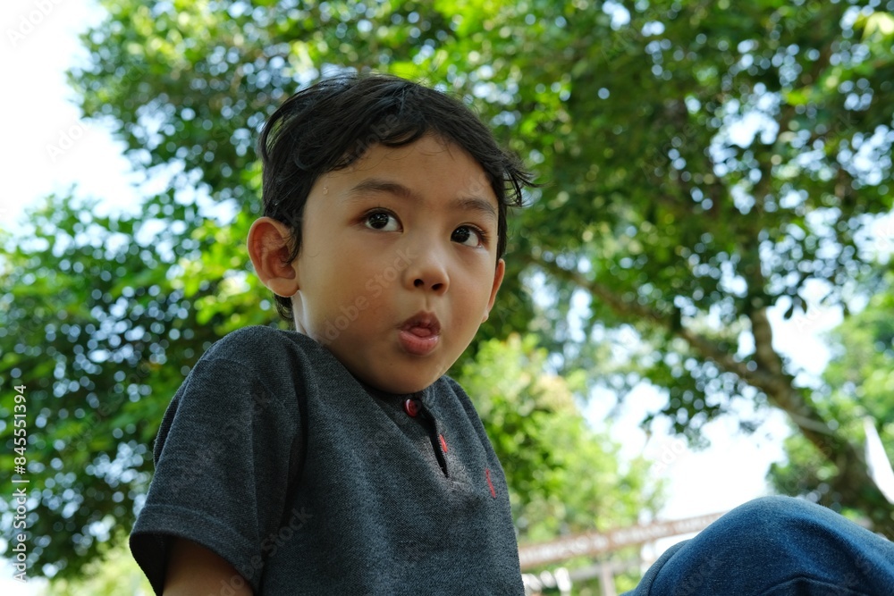 A young boy with wide eyes and puffed cheeks looks surprised while enjoying a sunny day outdoors. The lush green background enhances his curious and playful expression, capturing a moment of wonder. A young boy with wide eyes and puffed cheeks looks surprised while enjoying a sunny day outdoors. The lush green background enhances his curious and playful expression, capturing a moment of wonder.