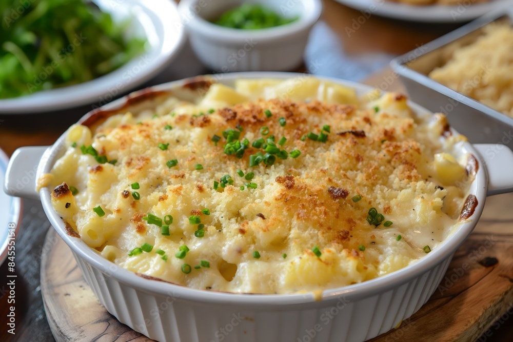 Close-Up Delicious Comforting Dish Of Mac And Cheese With A Golden Breadcrumb Topping In Food Restaurant Interior, Food Photography, Food Menu Style Photo Image Close-Up Delicious Comforting Dish Of Mac And Cheese With A Golden Breadcrumb Topping In Food Restaurant Interior, Food Photography, Food Menu Style Photo Image