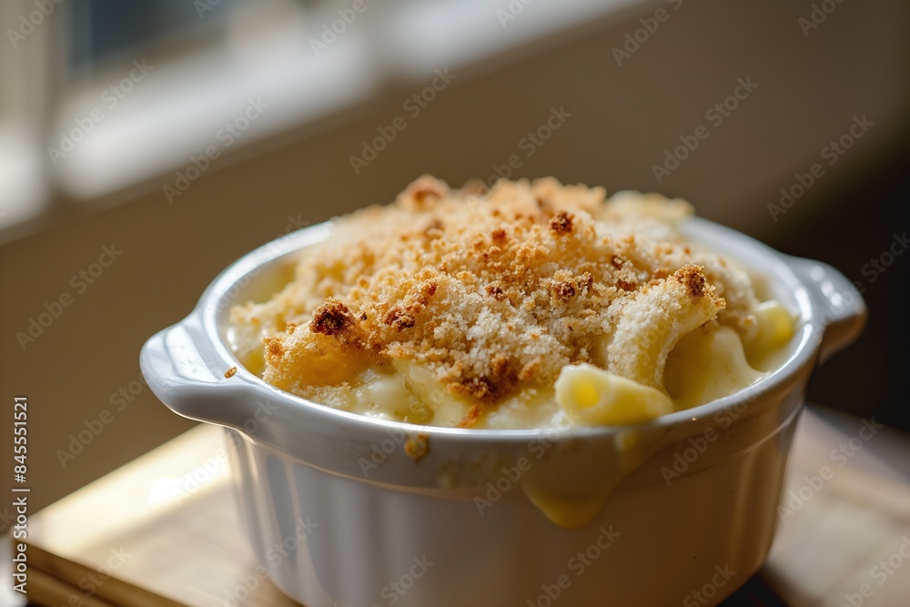 Close-Up Delicious Comforting Dish Of Mac And Cheese With A Golden Breadcrumb Topping In Food Restaurant Interior, Food Photography, Food Menu Style Photo Image Close-Up Delicious Comforting Dish Of Mac And Cheese With A Golden Breadcrumb Topping In Food Restaurant Interior, Food Photography, Food Menu Style Photo Image