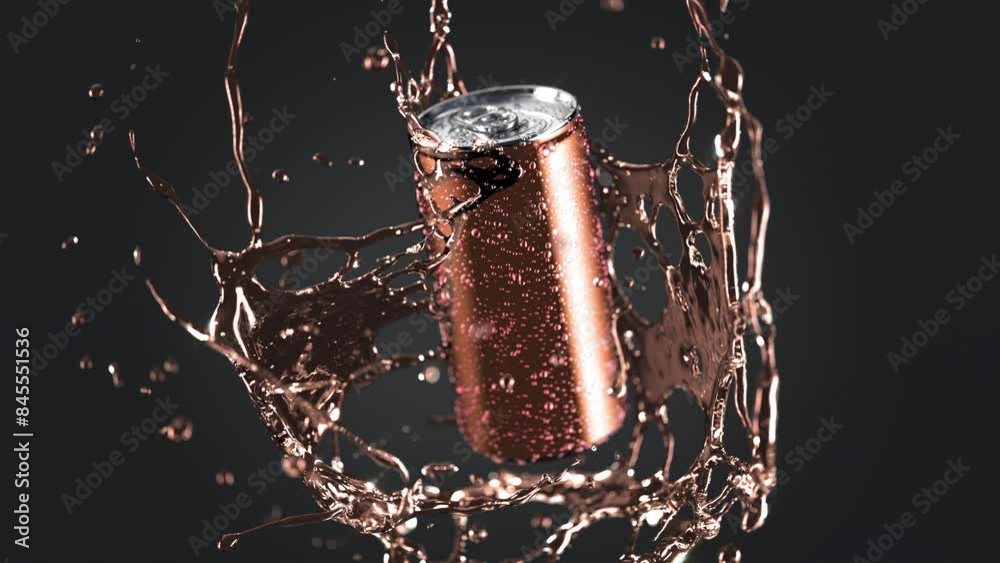 Soda can falling drink splash slow motion, depth of field