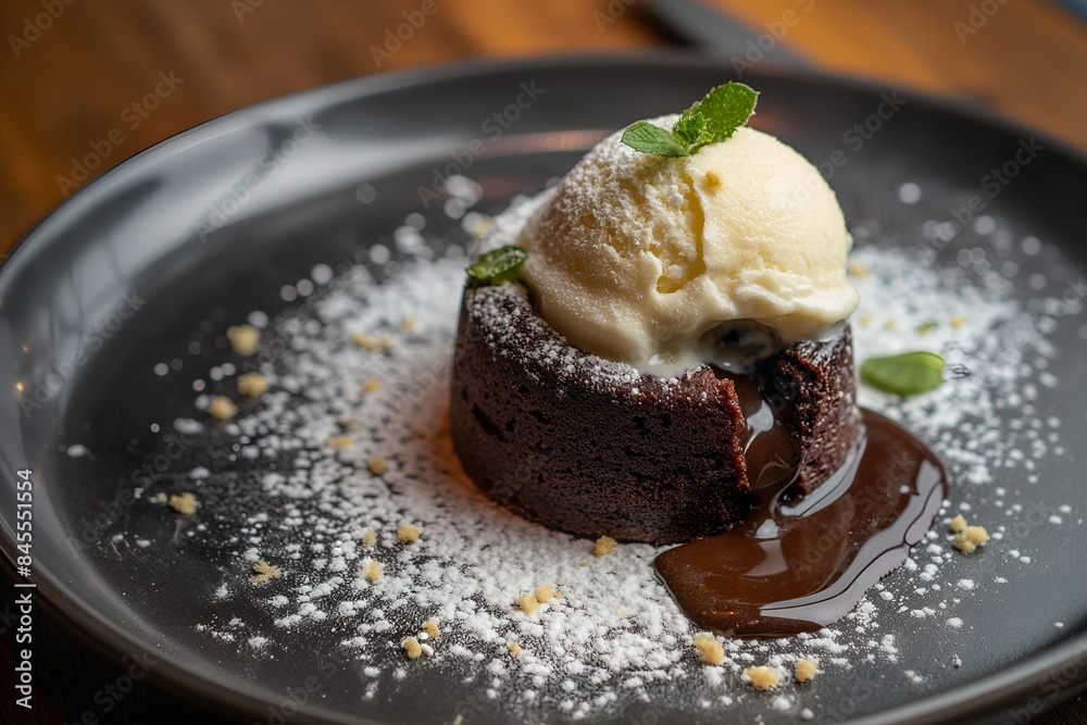 A Decadent Chocolate Lava Cake With A Scoop Of Vanilla Ice Cream In Restaurant Interior, Dessert Food Photography, Dessert Menu Style Photo Image A Decadent Chocolate Lava Cake With A Scoop Of Vanilla Ice Cream In Restaurant Interior, Dessert Food Photography, Dessert Menu Style Photo Image