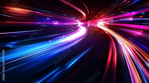 Abstract high speed light trails on dark background. Futuristic template for banner, presentations, flyers, posters. Vector EPS10.