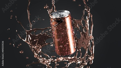 Soda can falling drink splash slow motion, depth of field