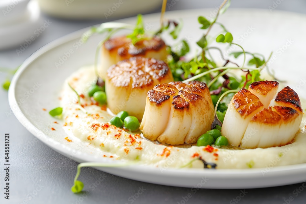Close-Up Delicious Delicate Plate Of Seared Scallops With Pea Puree And Microgreens In Food Restaurant Interior, Food Photography, Food Menu Style Photo Image Close-Up Delicious Delicate Plate Of Seared Scallops With Pea Puree And Microgreens In Food Restaurant Interior, Food Photography, Food Menu Style Photo Image