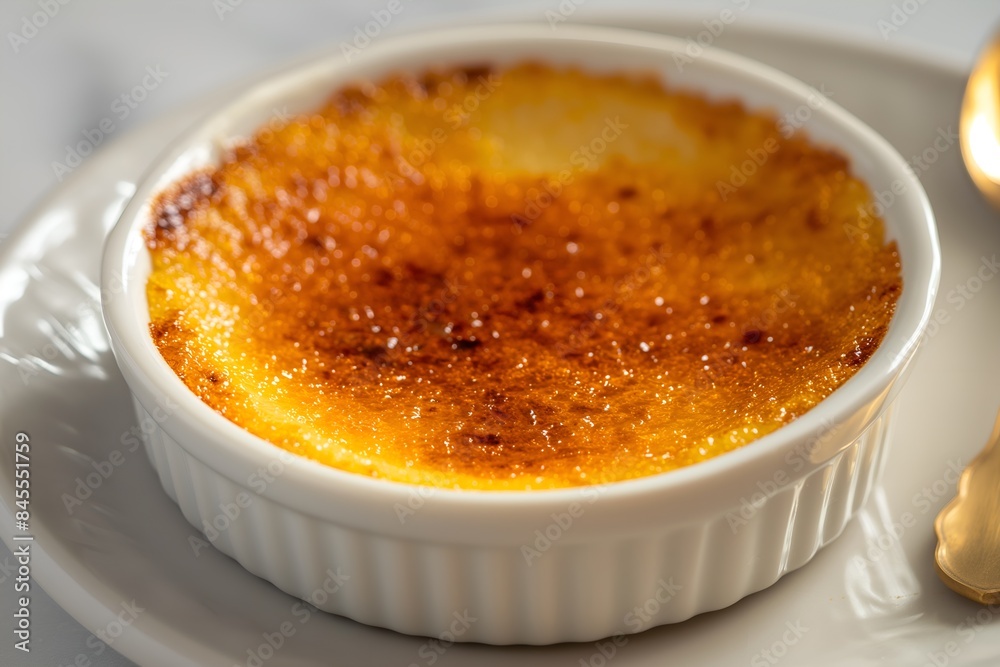 Close-Up Dessert Of Crème Brûlée With A Perfectly Caramelized Sugar Crust In Food Restaurant Interior, Food Photography, Food Menu Style Photo Image Close-Up Dessert Of Crème Brûlée With A Perfectly Caramelized Sugar Crust In Food Restaurant Interior, Food Photography, Food Menu Style Photo Image