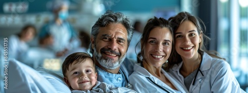 A family of four, including a young child, are posing for a photo in a hospital room. Scene is happy and lighthearted, as the family members are smiling and enjoying their time together © auttawit