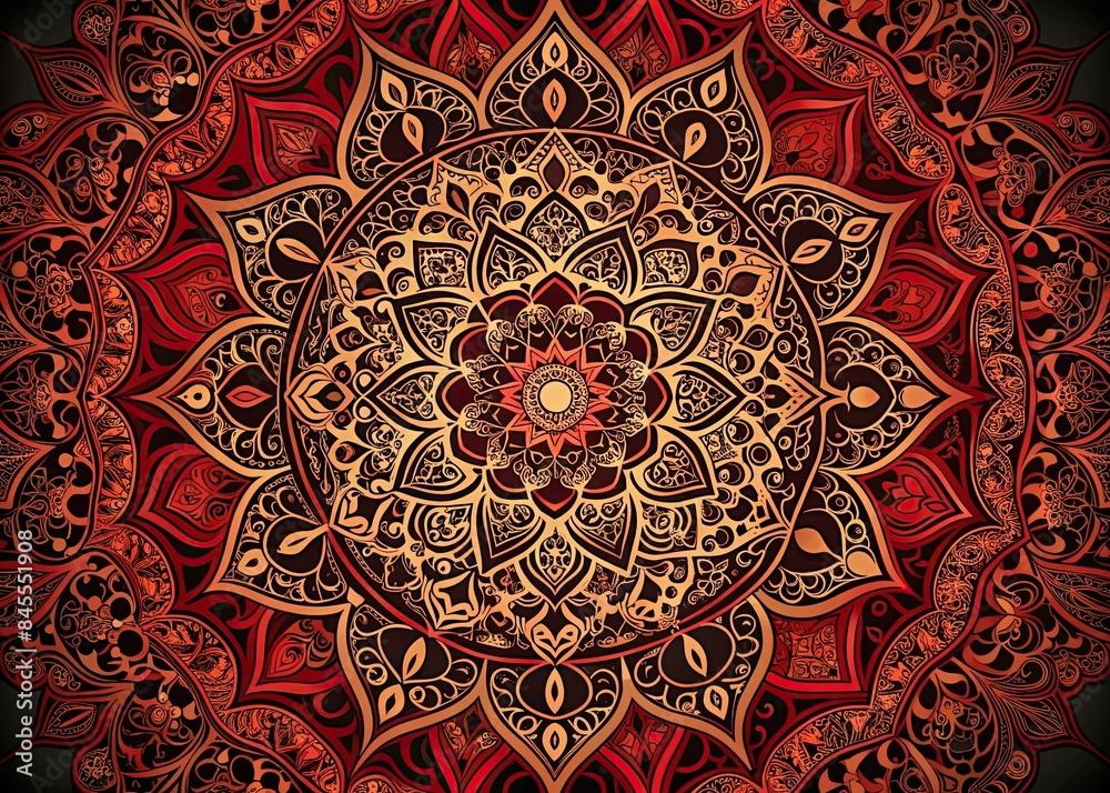 A close-up view of a red and gold luxury mandala design, intricate and symmetrical, showcasing a vintage aesthetic. Generative AI A close-up view of a red and gold luxury mandala design, intricate and symmetrical, showcasing a vintage aesthetic. Generative AI