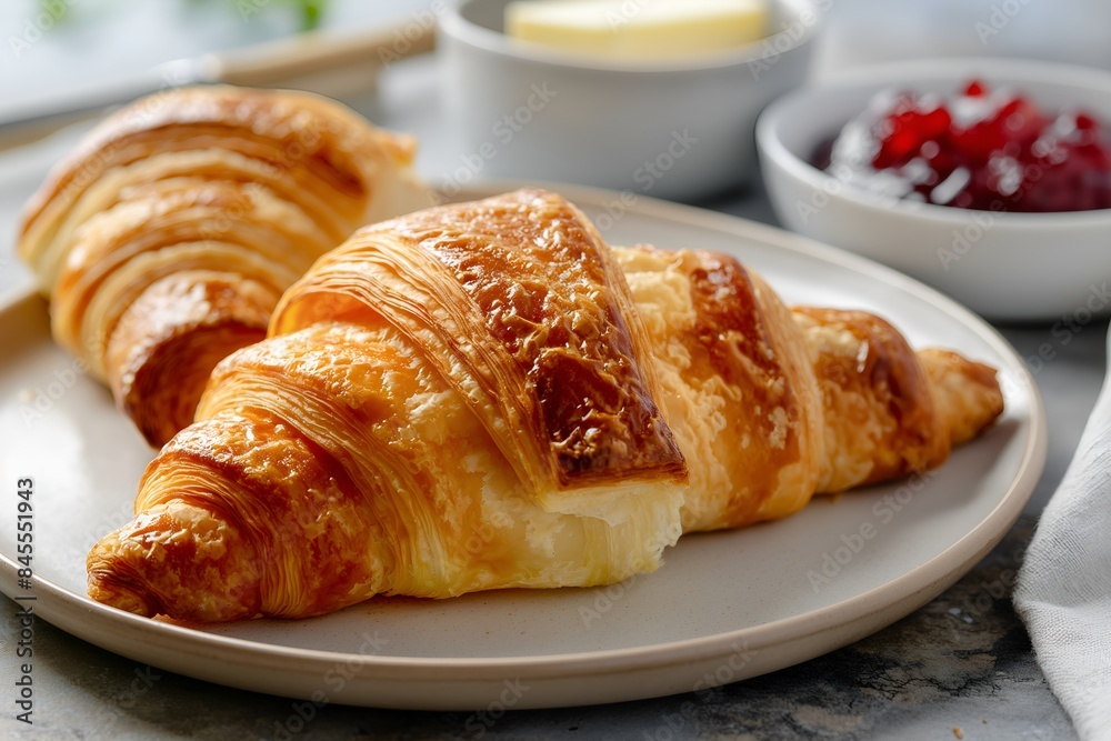 A French Croissant Served With A Side Of Raspberry Jam And Butter Served On Plate In Home Interior, Breakfast Photography, Food Menu Style Photo Image