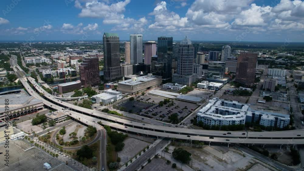 Beautiful cinematic aerial view of the Tampa bay City, it's  Skyscrapers and Ybor city 