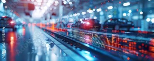 A blurry image of a city street with cars and a train. The image is a representation of the hustle and bustle of a busy city