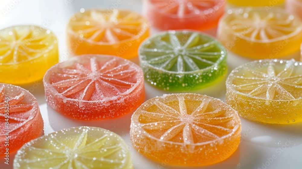 Close-up of lemon-shaped jelly fruit snack, vibrant and glossy, with assorted flavors, isolated on a clean background, with precise studio lighting Close-up of lemon-shaped jelly fruit snack, vibrant and glossy, with assorted flavors, isolated on a clean background, with precise studio lighting
