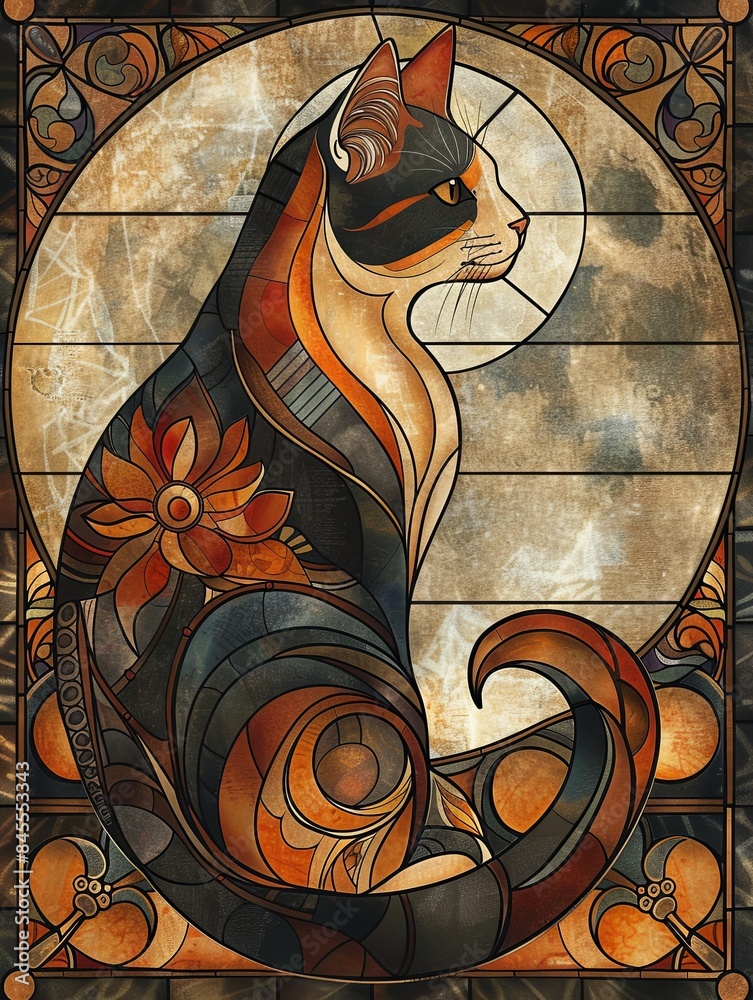 Elegant stained-glass artwork of a cat with intricate floral accents ...