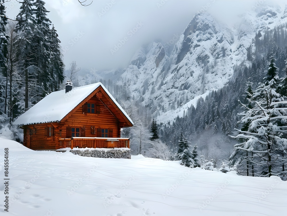 Solitary Mountain Cabin in Snowy Winter Forest Landscape Solitary Mountain Cabin in Snowy Winter Forest Landscape