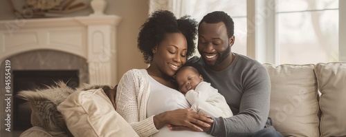 A family of three, a man and two women, are sitting on a couch with a baby in their arms. Scene is warm and loving, as the family is enjoying a moment together