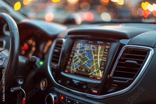 Detailed View of GPS Navigation System in a Modern Rental Car for Enhanced Customer Convenience © spyrakot