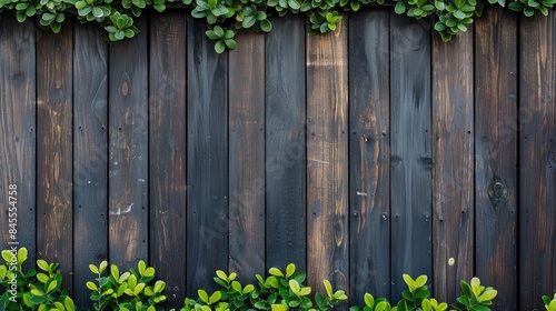 Dark brown wooden fence with a green plant in the background © TheWaterMeloonProjec