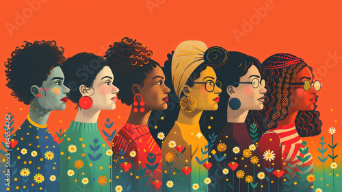 Vector illustration of a diverse group of friends with camomile flowers and rainbow elements