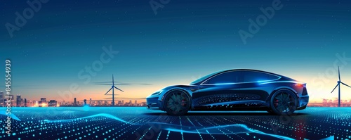 A futuristic car is driving down a road with a city in the background. The car is surrounded by a blue and white background, giving it a futuristic and sleek appearance. Scene is one of excitement