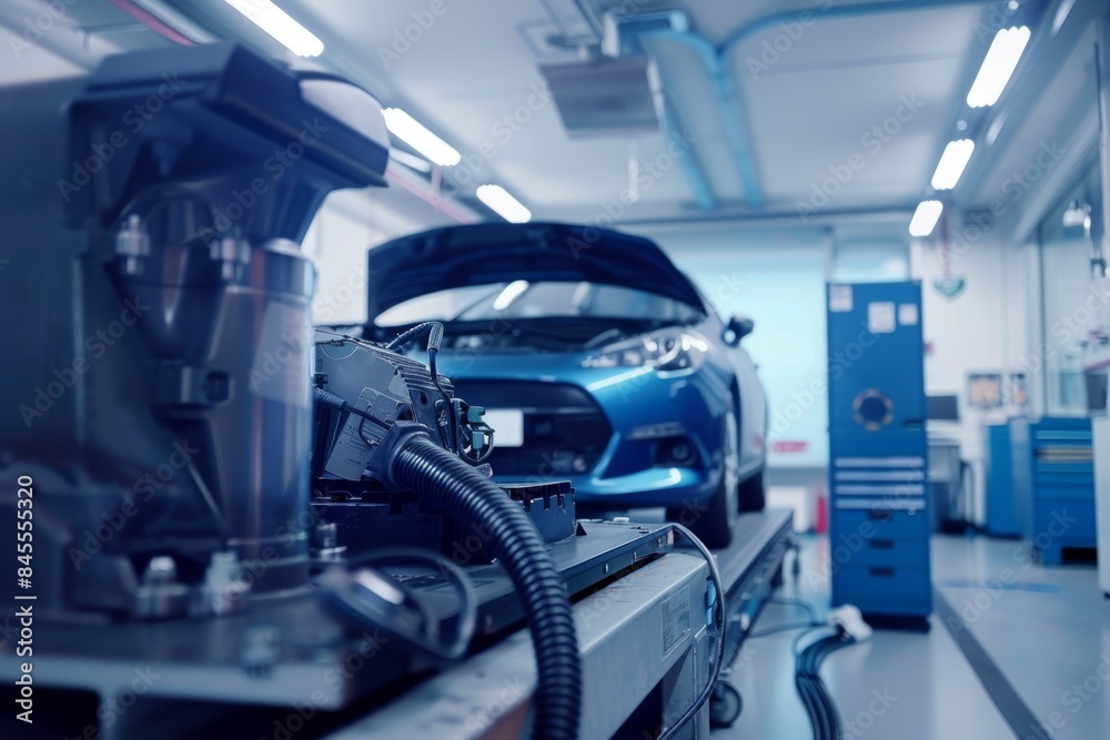 Hybrid Car Service Check with Advanced Diagnostic Tools in a Mechanic Workshop Hybrid Car Service Check with Advanced Diagnostic Tools in a Mechanic Workshop