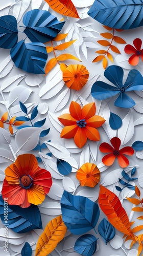 A colorful paper flower arrangement with orange and blue leaves