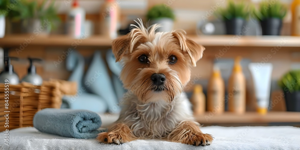 Dog receiving spa treatments at a grooming salon with various pet products. Concept Pet Grooming, Spa Treatments, Dog Styling, Pet Products, Pampering Pets Dog receiving spa treatments at a grooming salon with various pet products. Concept Pet Grooming, Spa Treatments, Dog Styling, Pet Products, Pampering Pets