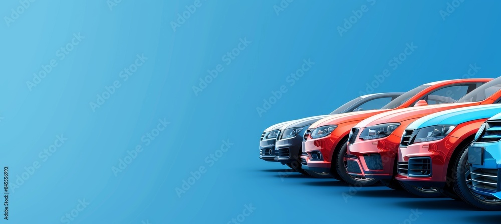 Fototapeta premium Colorful Car Rental Service Banner Highlighting Diverse Fleet and Special Deals with Copy Space