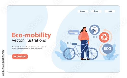 Woman with bicycle promoting eco-mobility in cities. Flat vector illustration