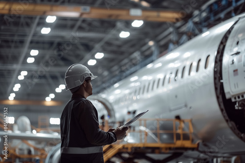 Engineer in hard hat and safety vest inspect a large passenger plane in a hangar. Generative AI. © herraez