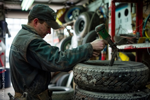 Mechanic Using Air Wrench to Replace Tires in Busy Auto Repair Shop for Professional Maintenance