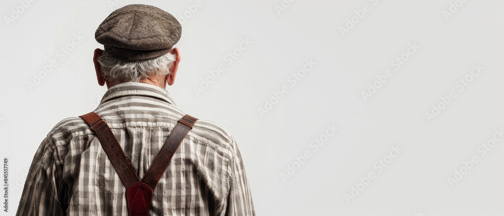 A man wearing a hat and suspenders is looking at the camera