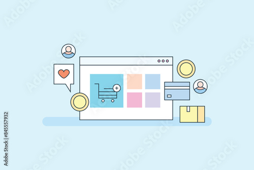 eCommerce website checkout process, Online purchase with credit card, Online order and delivery to customers. Vector illustration line artwork.