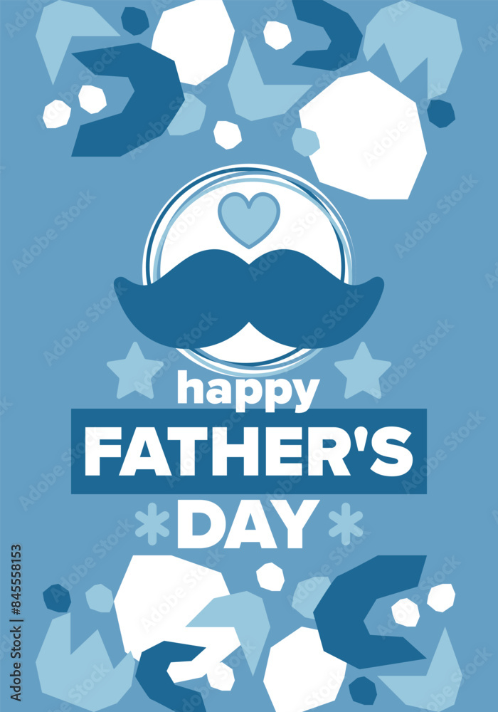 Happy Father’s Day. Honoring dads. Lovely celebration in June. Sweetest family holiday. Party event. Mustache and heart. Blue color. Creative art poster. Vector design Happy Father’s Day. Honoring dads. Lovely celebration in June. Sweetest family holiday. Party event. Mustache and heart. Blue color. Creative art poster. Vector design