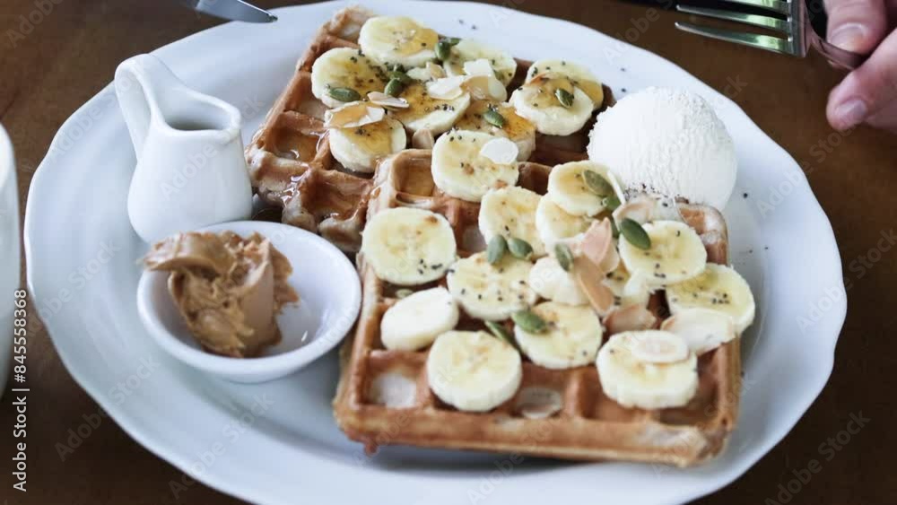 Baked waffles with nut butter. Baked waffles with nut butter.