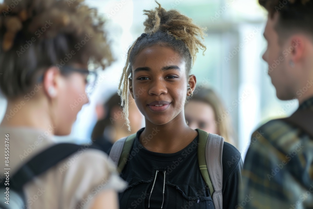 Portrait of smiling african american female student with friends in background Portrait of smiling african american female student with friends in background