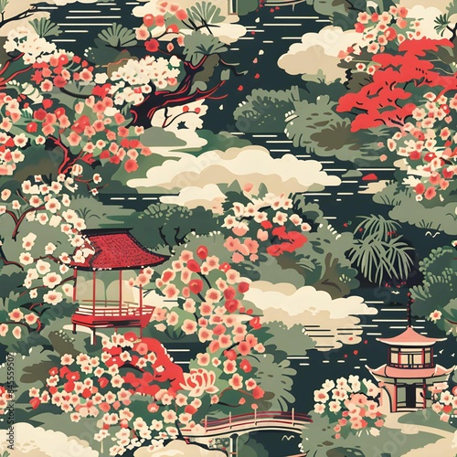 japanese garden with flowers and blossoms