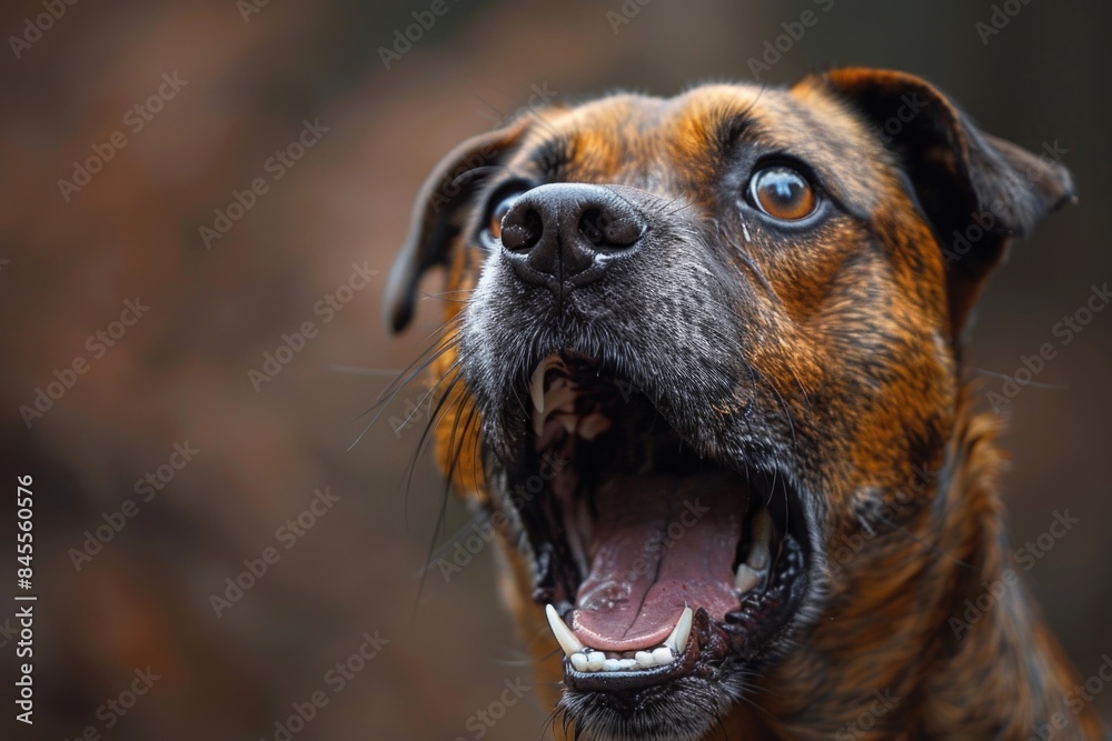 Vivid portrait of an expressive dog with its head angled, showing teeth and an open mouth Vivid portrait of an expressive dog with its head angled, showing teeth and an open mouth