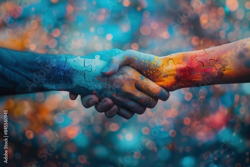 Colorful abstract handshake with artistic background representing unity, agreement, and partnership in a vibrant, creative style.