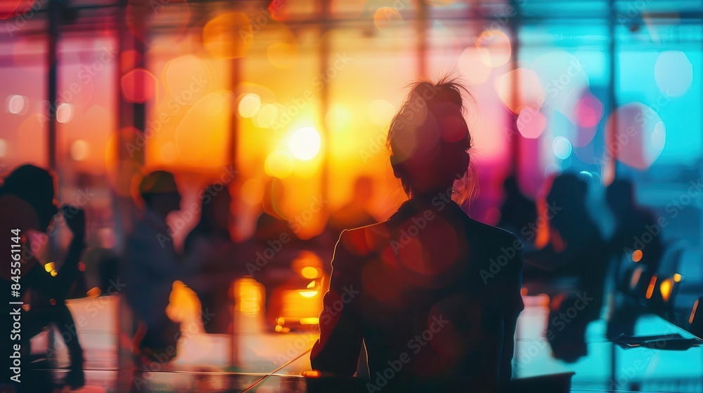 Silhouette of a person in a vibrant, modern office space with colorful lighting and blurred background, symbolizing creativity and collaboration. Silhouette of a person in a vibrant, modern office space with colorful lighting and blurred background, symbolizing creativity and collaboration.