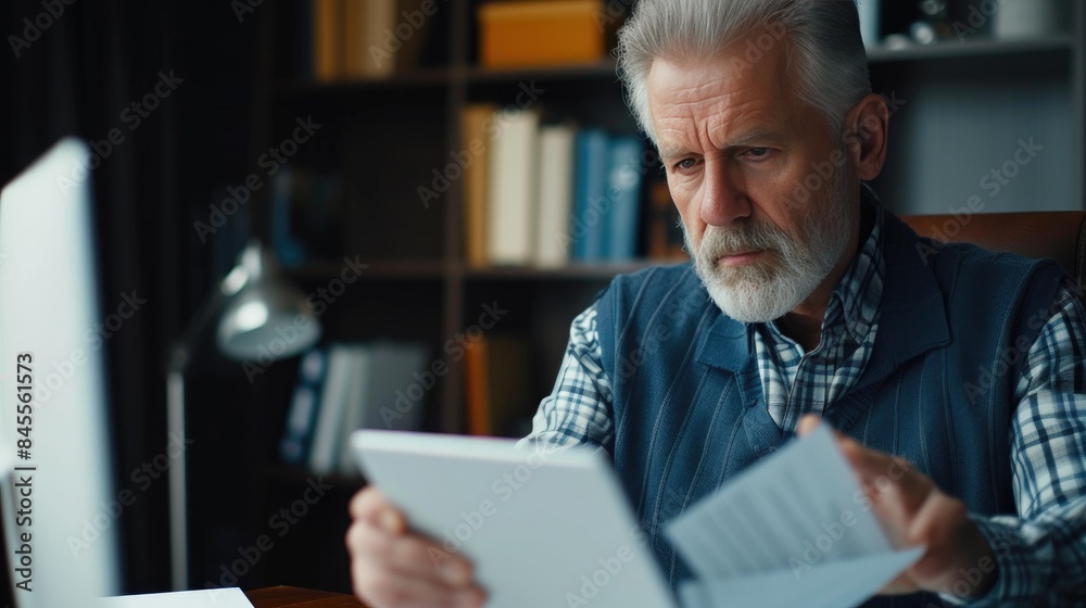 Studious CEO Examining Financial Figures on Tablet Studious CEO Examining Financial Figures on Tablet