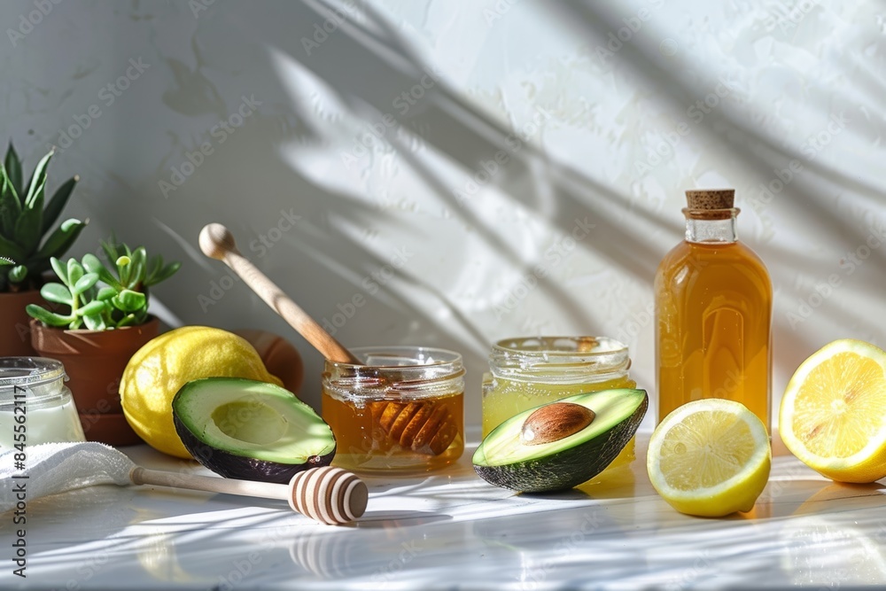 Natural DIY Skin Care: Fresh Avocado, Honey, and Lemon Ingredients on a Sunny Kitchen Counter Natural DIY Skin Care: Fresh Avocado, Honey, and Lemon Ingredients on a Sunny Kitchen Counter