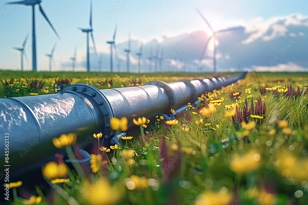 Hydrogen pipeline stretching across a green field under a clear sky showcasing sustainable energy infrastructure, hydrogen gas for clean electricity solar and wind turbine facility Hydrogen pipeline stretching across a green field under a clear sky showcasing sustainable energy infrastructure, hydrogen gas for clean electricity solar and wind turbine facility